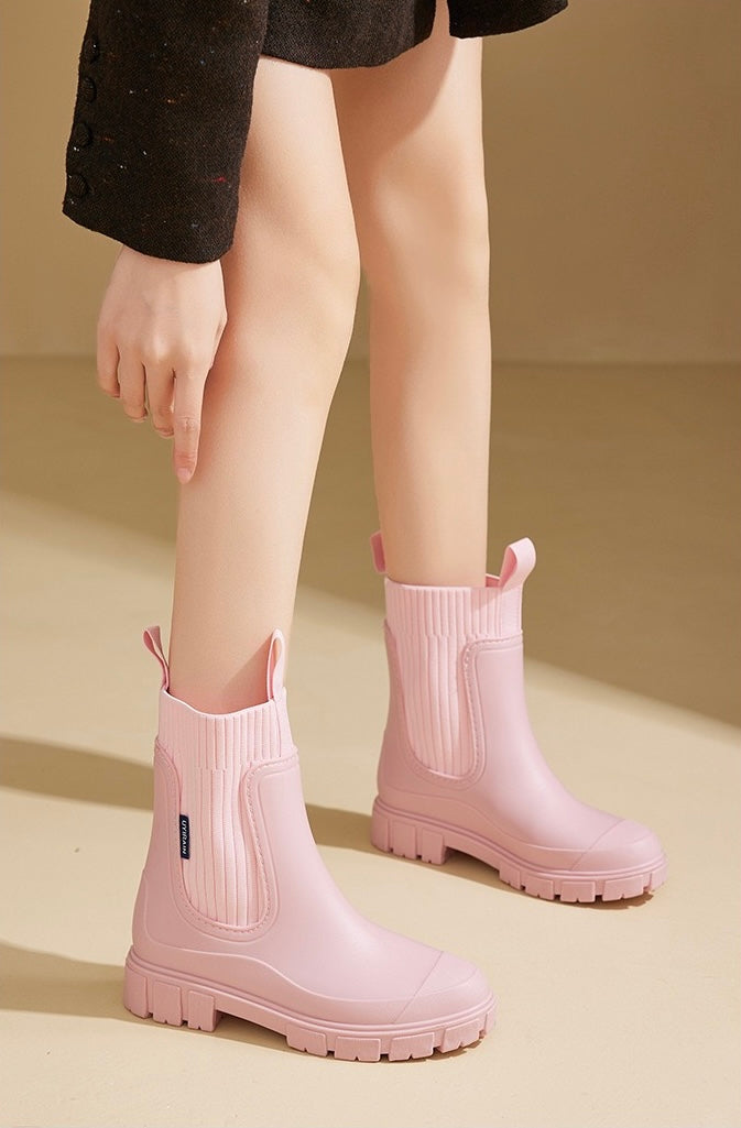 Mira Mid-Calf Rain Boots in Pink, standing styling