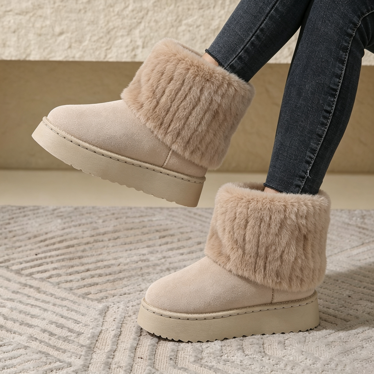Noelle Faux-Fur Platform Snow Boots in Khaki, close-up view