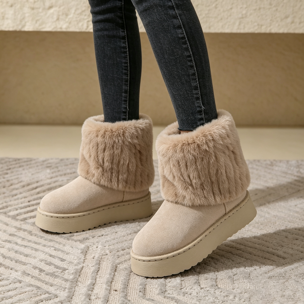 Noelle Faux-Fur Platform Snow Boots in Khaki, front view