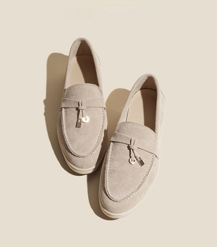 Nora Suede Penny Loafers in Sand Apricot, pair top view