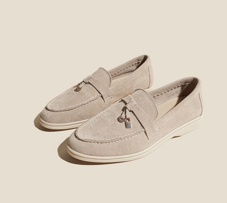 Nora Suede Penny Loafers in Sand Apricot, standard front pair