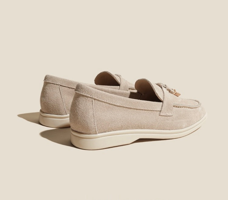 Nora Suede Penny Loafers in Sand Apricot, standard rear view