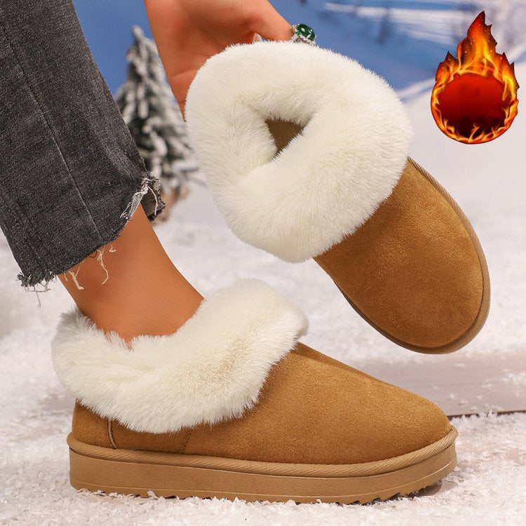 Brown faux-fur-trimmed slip-on snow boots lifestyle view
