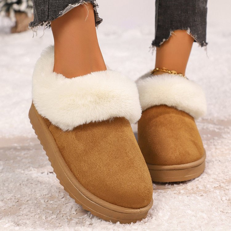 Brown faux-fur-trimmed slip-on snow boots lifestyle view