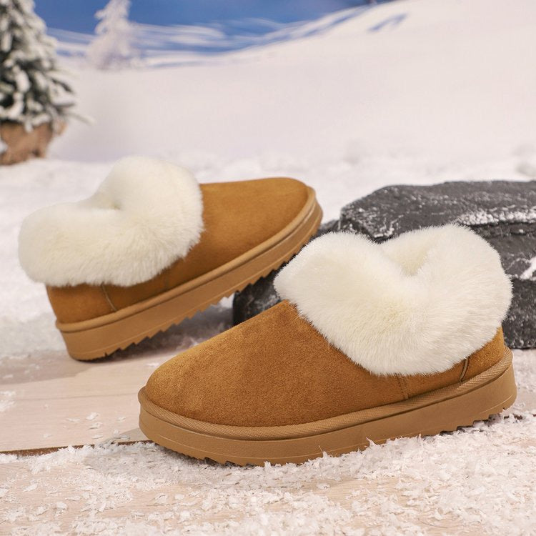 Brown faux-fur-trimmed slip-on snow boots detail view