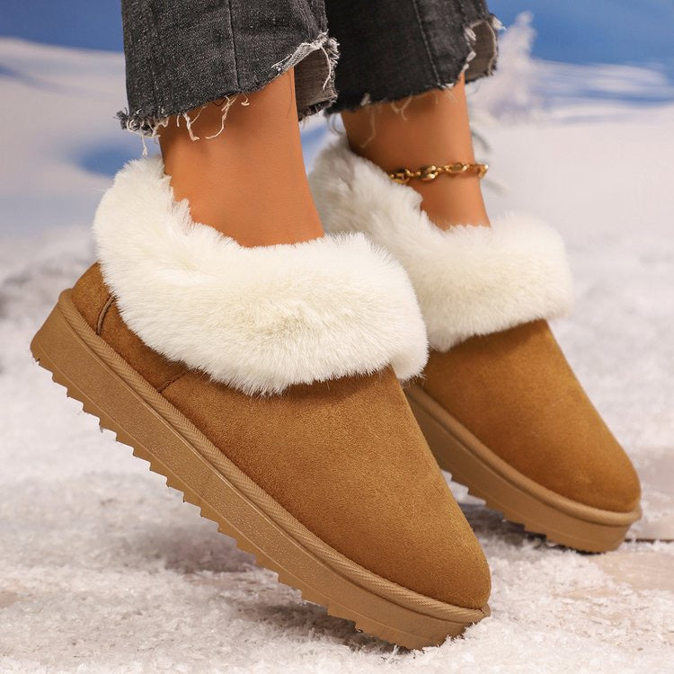 Brown faux-fur-trimmed slip-on snow boots lifestyle view