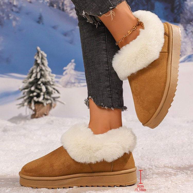 Brown faux-fur-trimmed slip-on snow boots lifestyle view