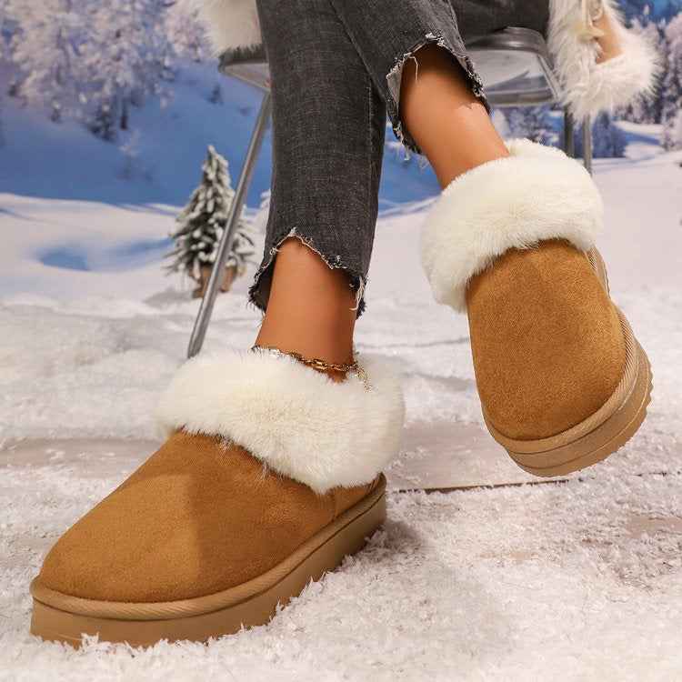 Brown faux-fur-trimmed slip-on snow boots lifestyle view