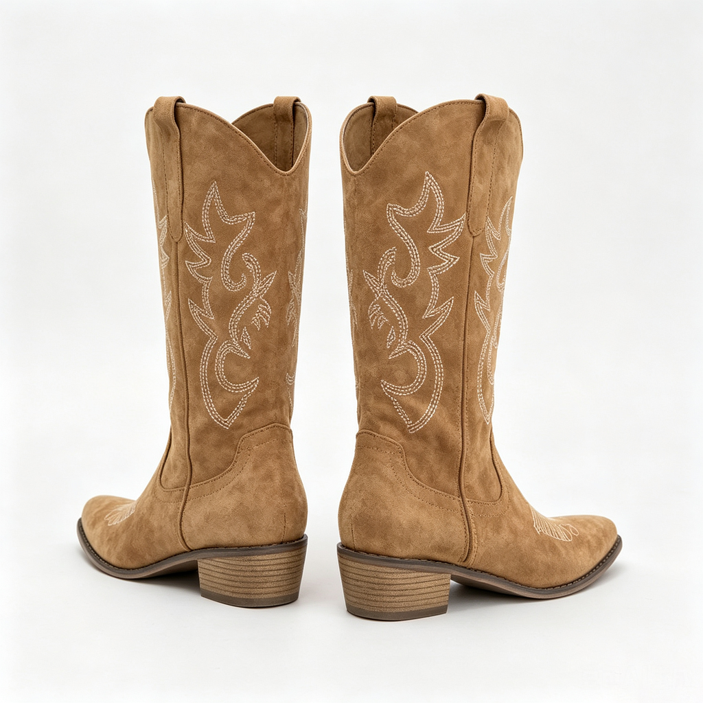 Raina Embroidered Knee-High Western Boots in Dark Brown
