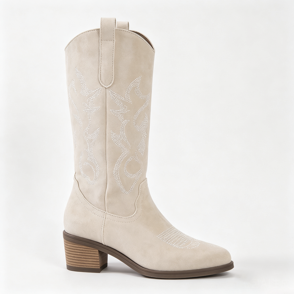 Raina Embroidered Knee-High Western Boots in Ivory