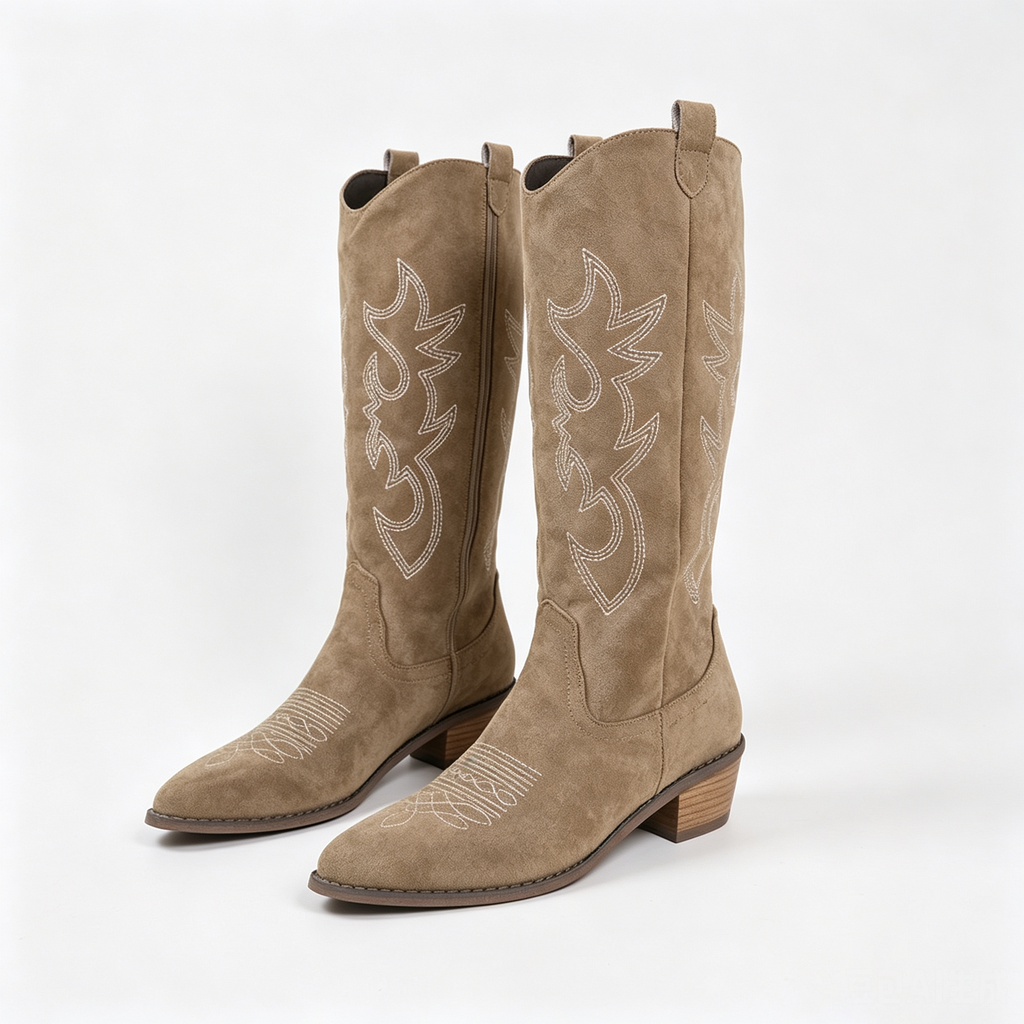 Raina Embroidered Knee-High Western Boots in Khaki