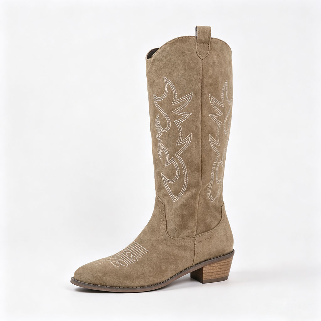 Raina Embroidered Knee-High Western Boots in Khaki, side view
