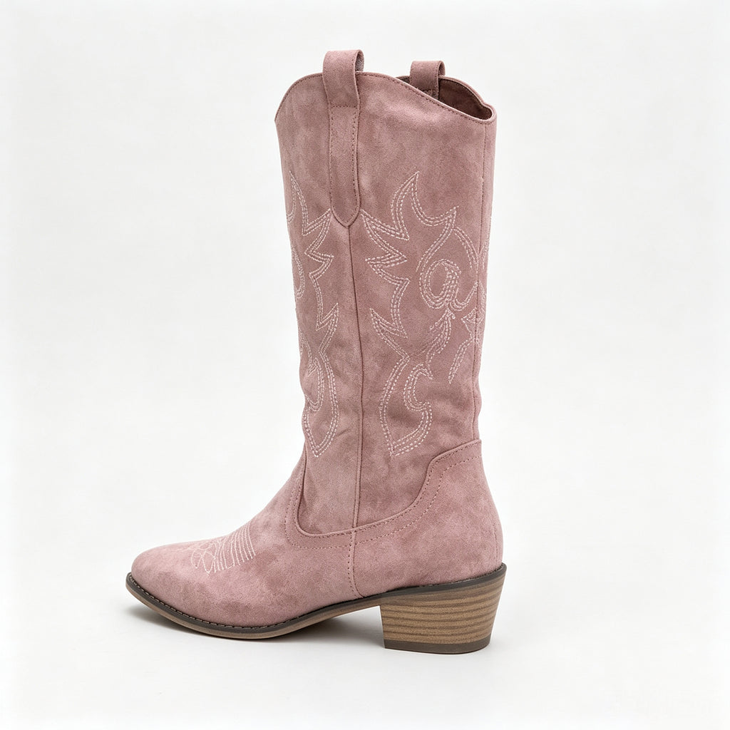 Raina Embroidered Knee-High Western Boots in Pink