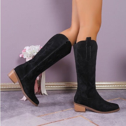 Raina Embroidered Knee-High Western Boots in Black, on-foot view