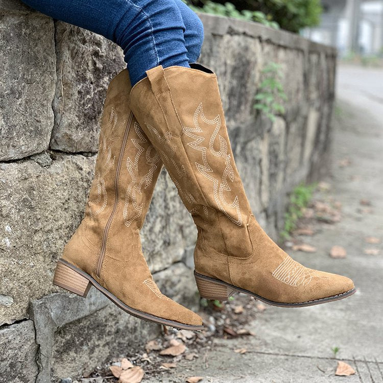 Raina Embroidered Knee-High Western Boots in Dark Brown, lifestyle view