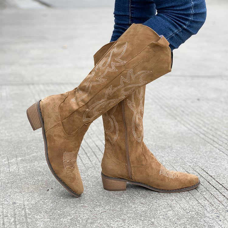 Raina Embroidered Knee-High Western Boots in Dark Brown, on-foot view