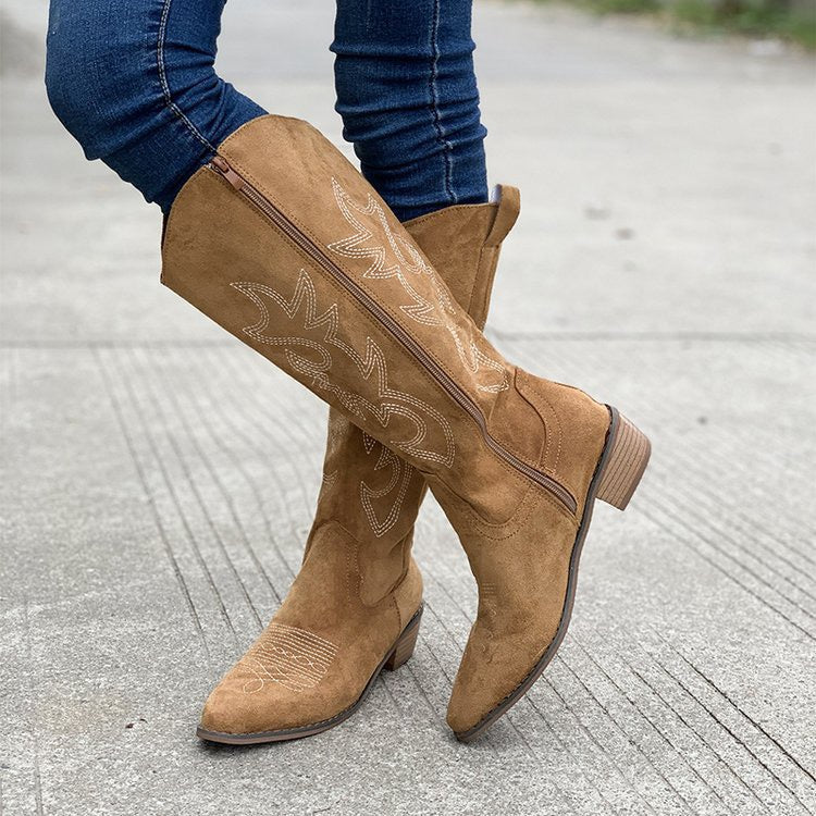 Raina Embroidered Knee-High Western Boots in Dark Brown, side zip view