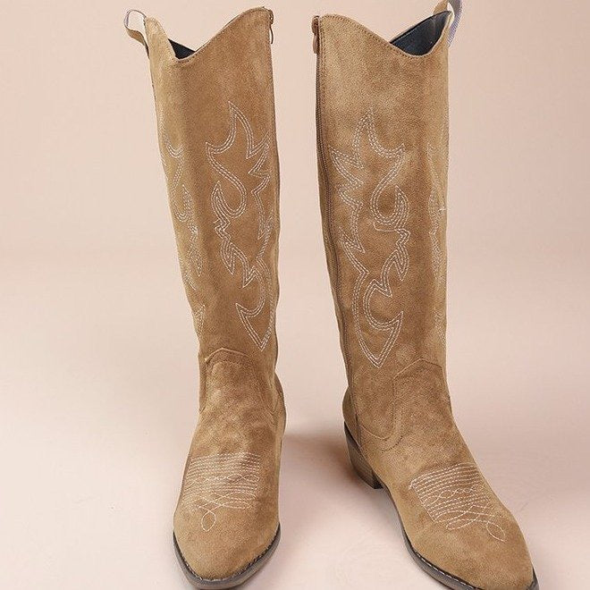 Raina Embroidered Knee-High Western Boots in Dark Brown, studio front view