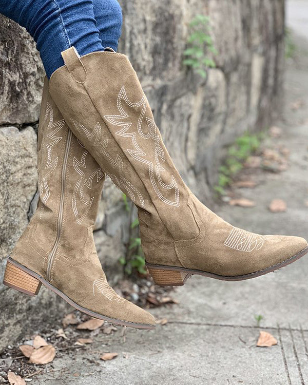 Raina Embroidered Knee-High Western Boots in Khaki, seated outdoor view