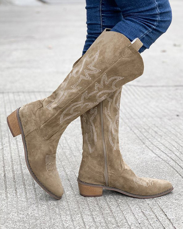 Raina Embroidered Knee-High Western Boots in Khaki, outdoor side view
