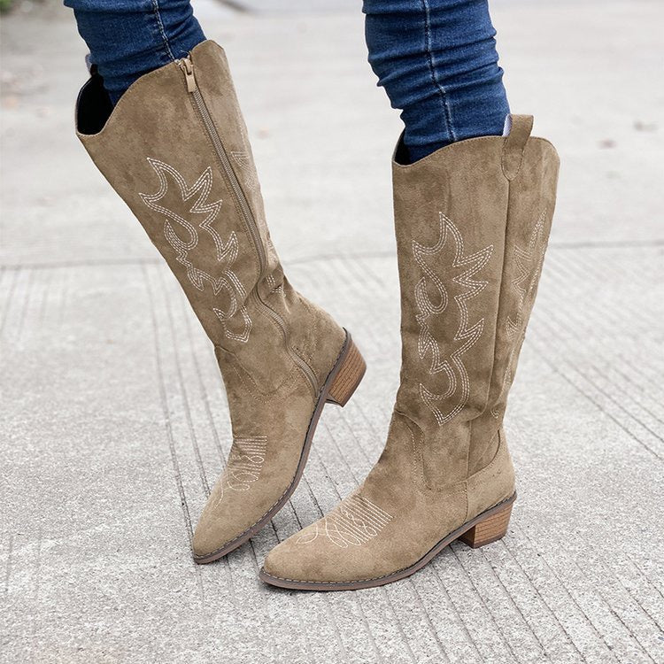 Raina Embroidered Knee-High Western Boots in Khaki, pair view