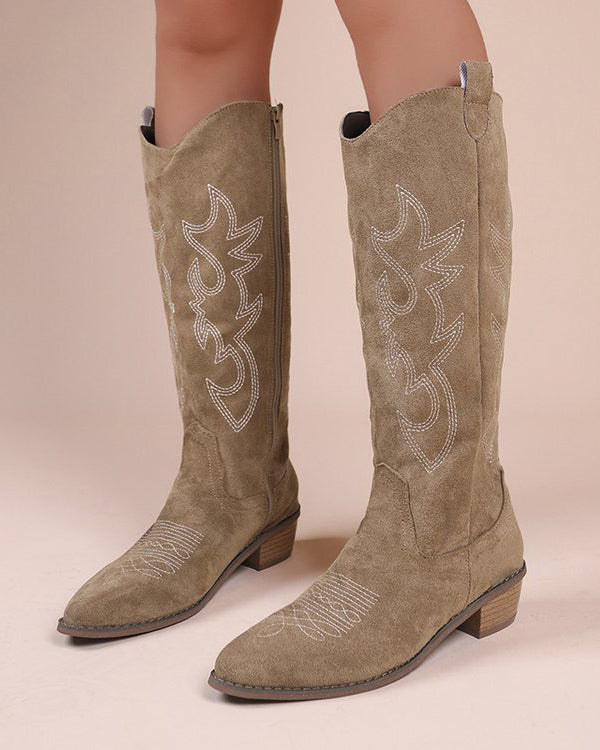 Raina Embroidered Knee-High Western Boots in Khaki, studio front view