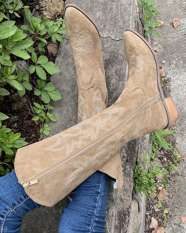 Raina Embroidered Knee-High Western Boots in Khaki, outdoor top view