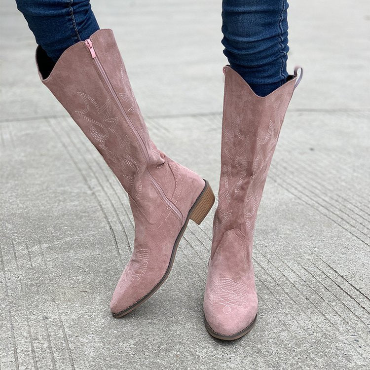 Raina Embroidered Knee-High Western Boots in Pink, front view