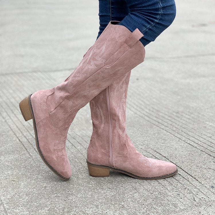 Raina Embroidered Knee-High Western Boots in Pink, lifestyle view