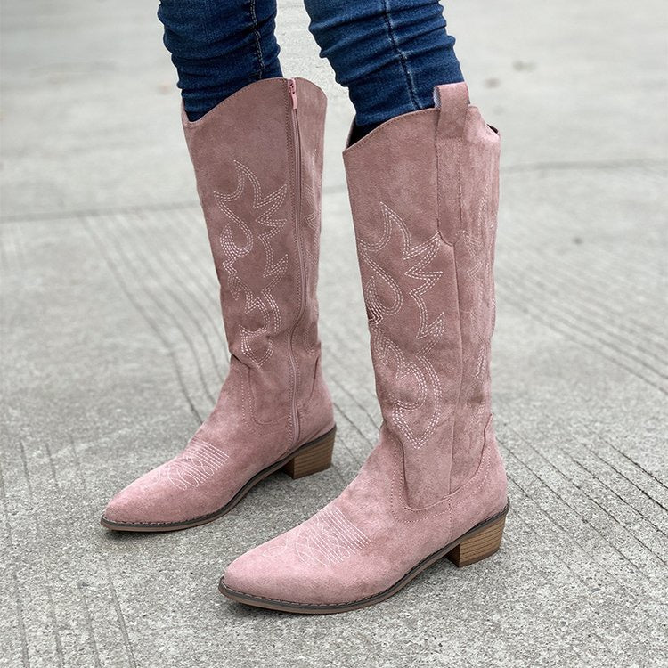 Raina Embroidered Knee-High Western Boots in Pink, on-foot view