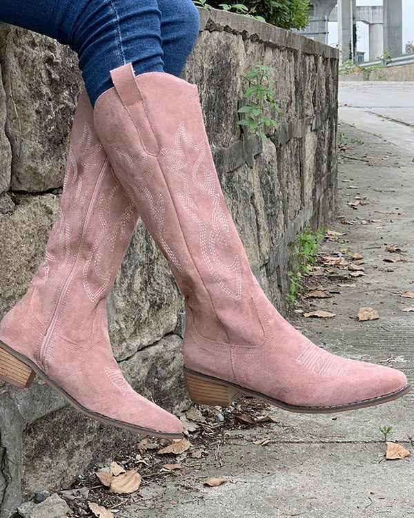 Raina Embroidered Knee-High Western Boots in Pink, seated outdoor view