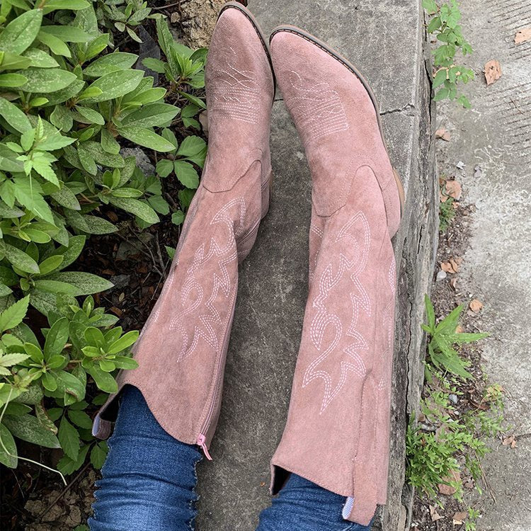 Raina Embroidered Knee-High Western Boots in Pink, top view