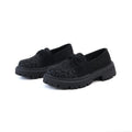 Black leopard-print bow platform loafers front angle