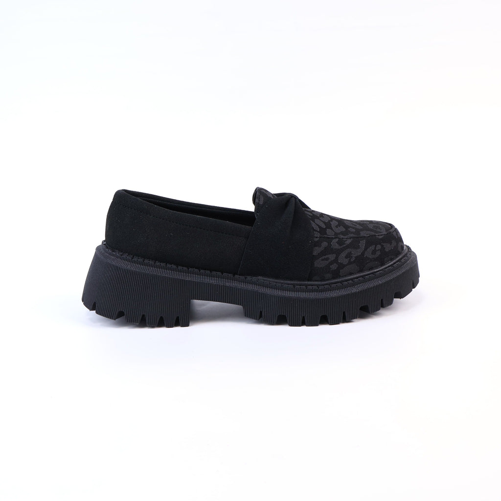 Black leopard-print bow platform loafer side view