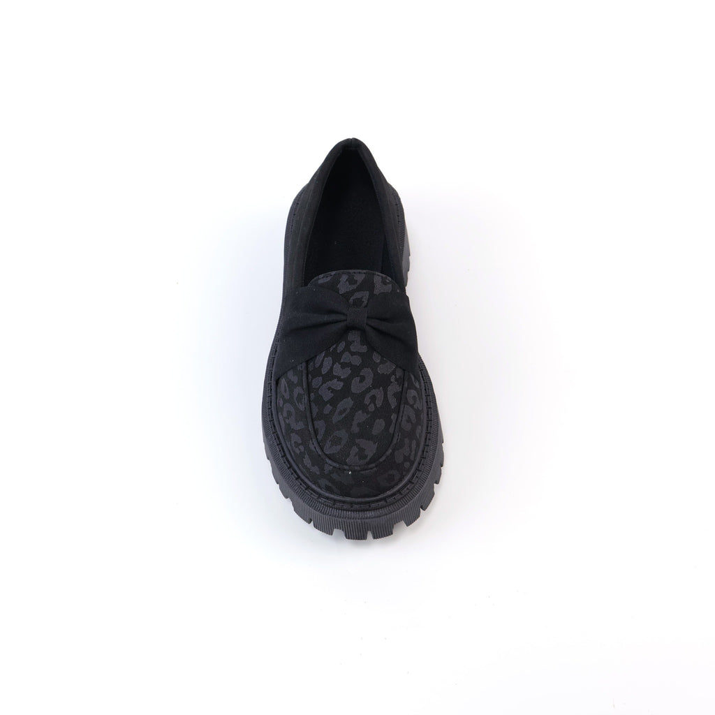 Black leopard-print bow platform loafer front top view