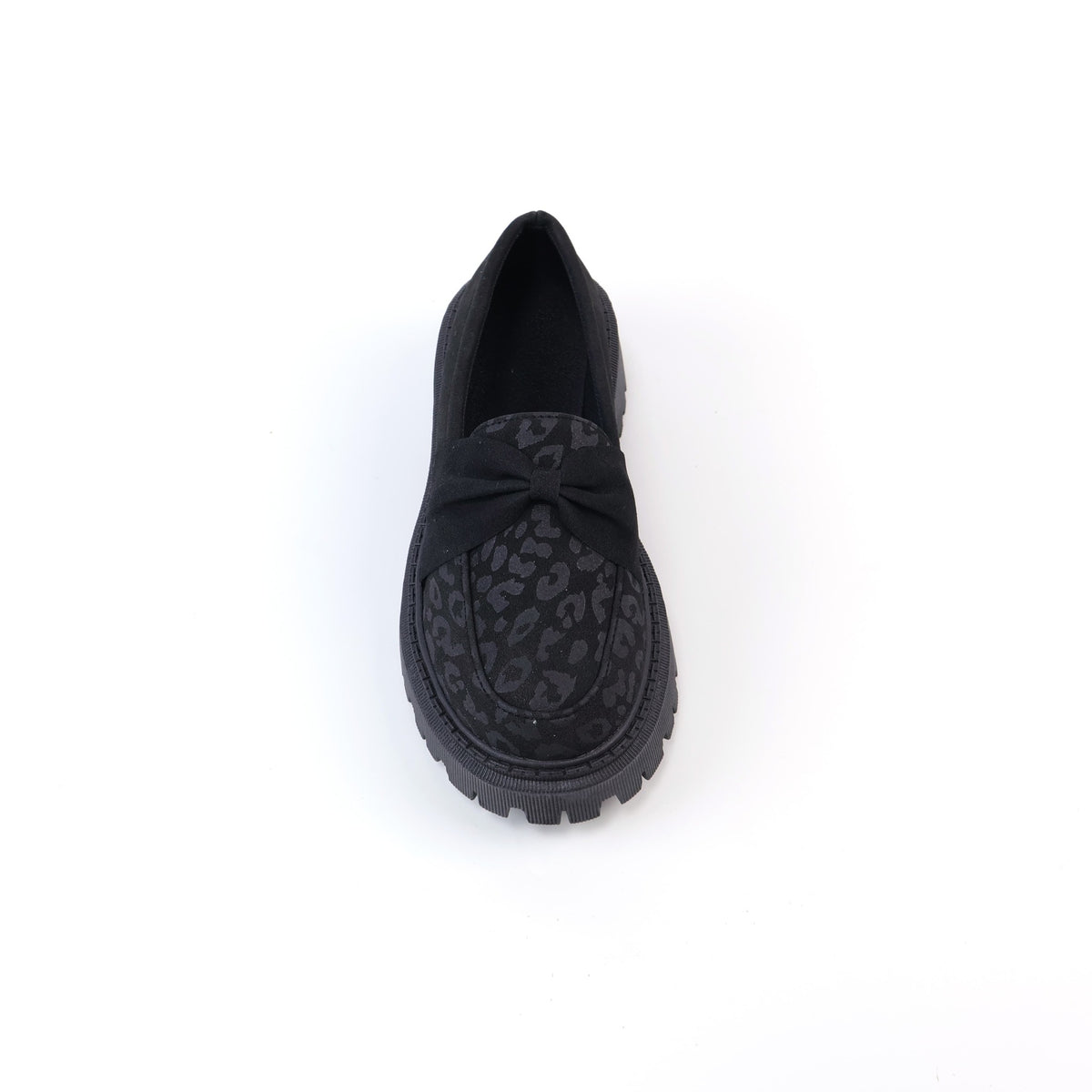Black leopard-print bow platform loafer front top view