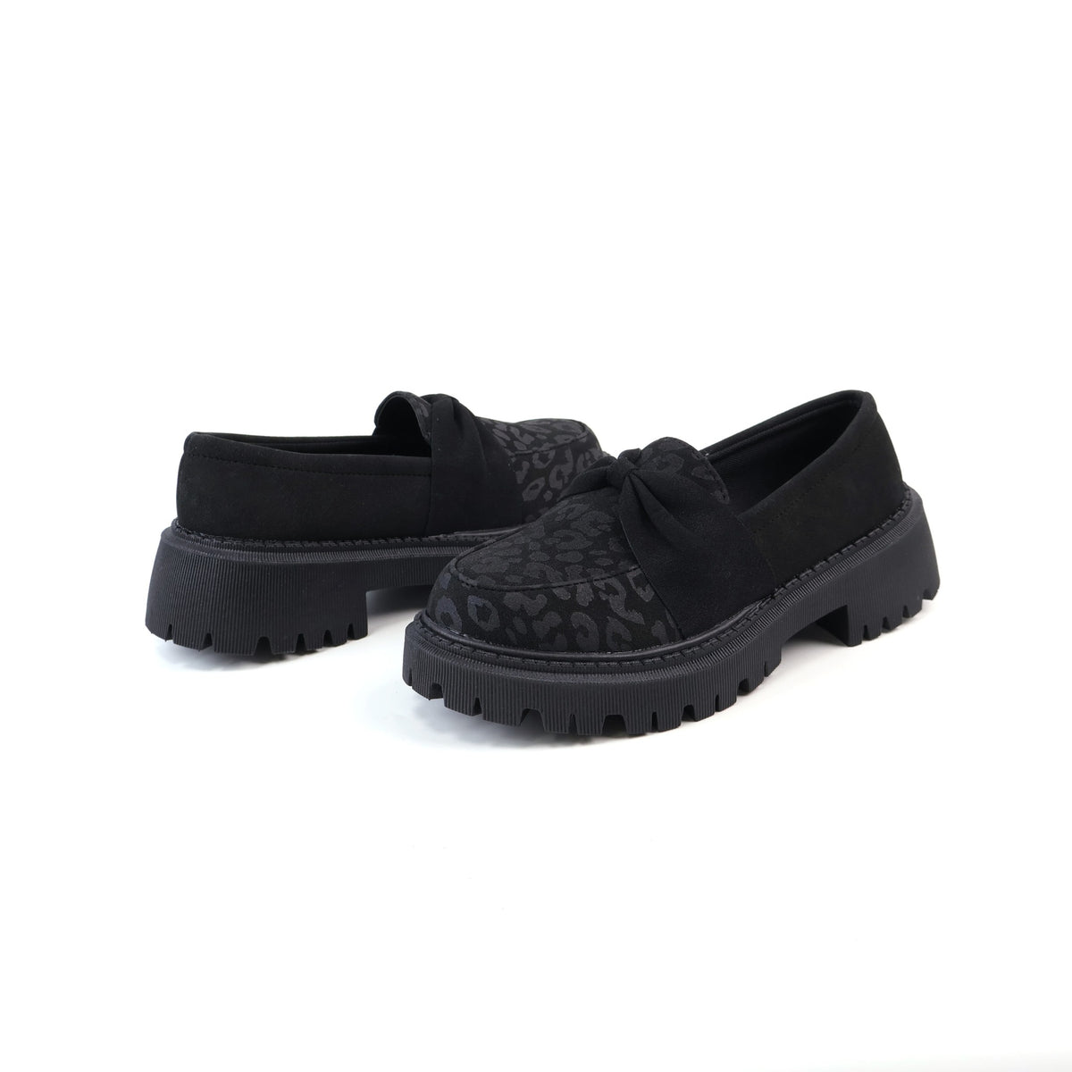 Black leopard-print bow platform loafers alternate pair view