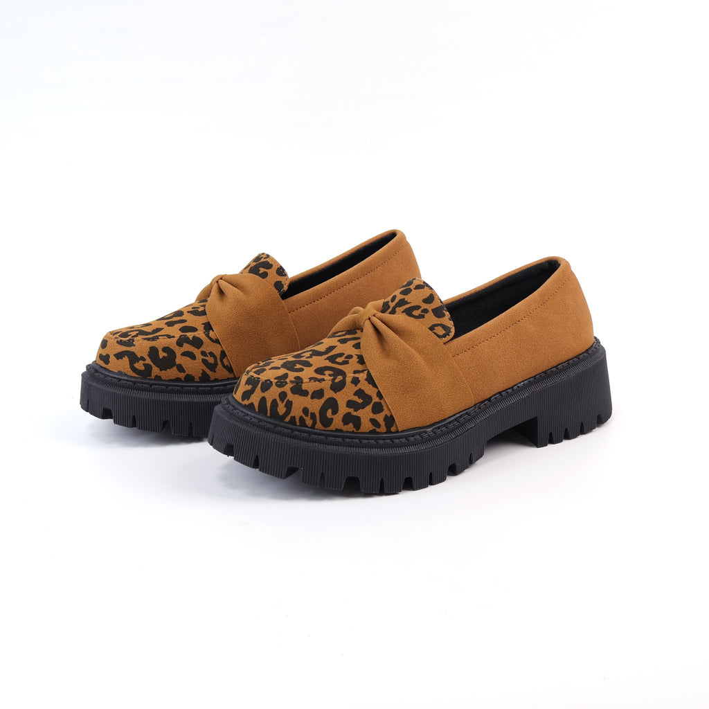 Brown leopard-print bow platform loafers front angle