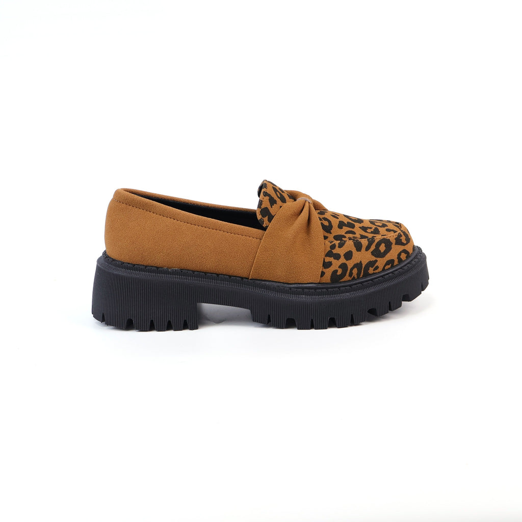 Brown leopard-print bow platform loafer side view