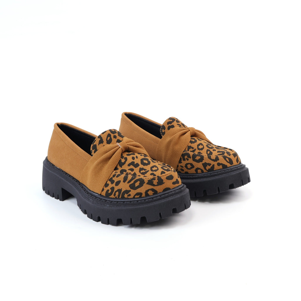 Brown leopard-print bow platform loafers front three-quarter view