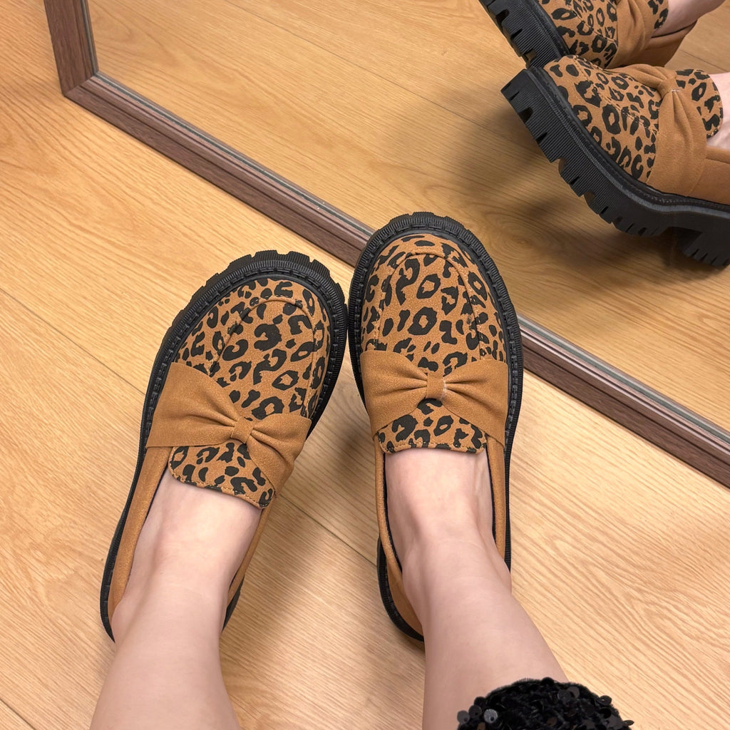 Brown leopard-print bow platform loafers mirror styling