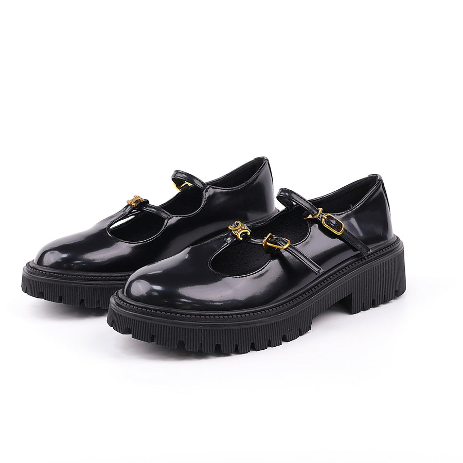 Round-Toe Double-Buckle Patent Platform Mary Janes