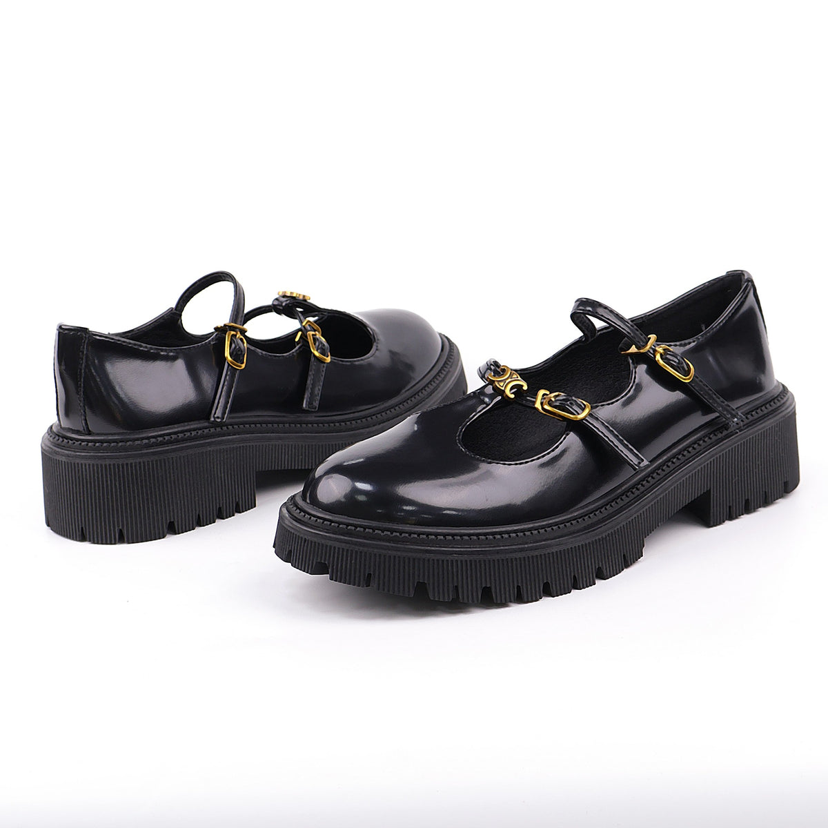Black patent double-buckle platform Mary Janes top view