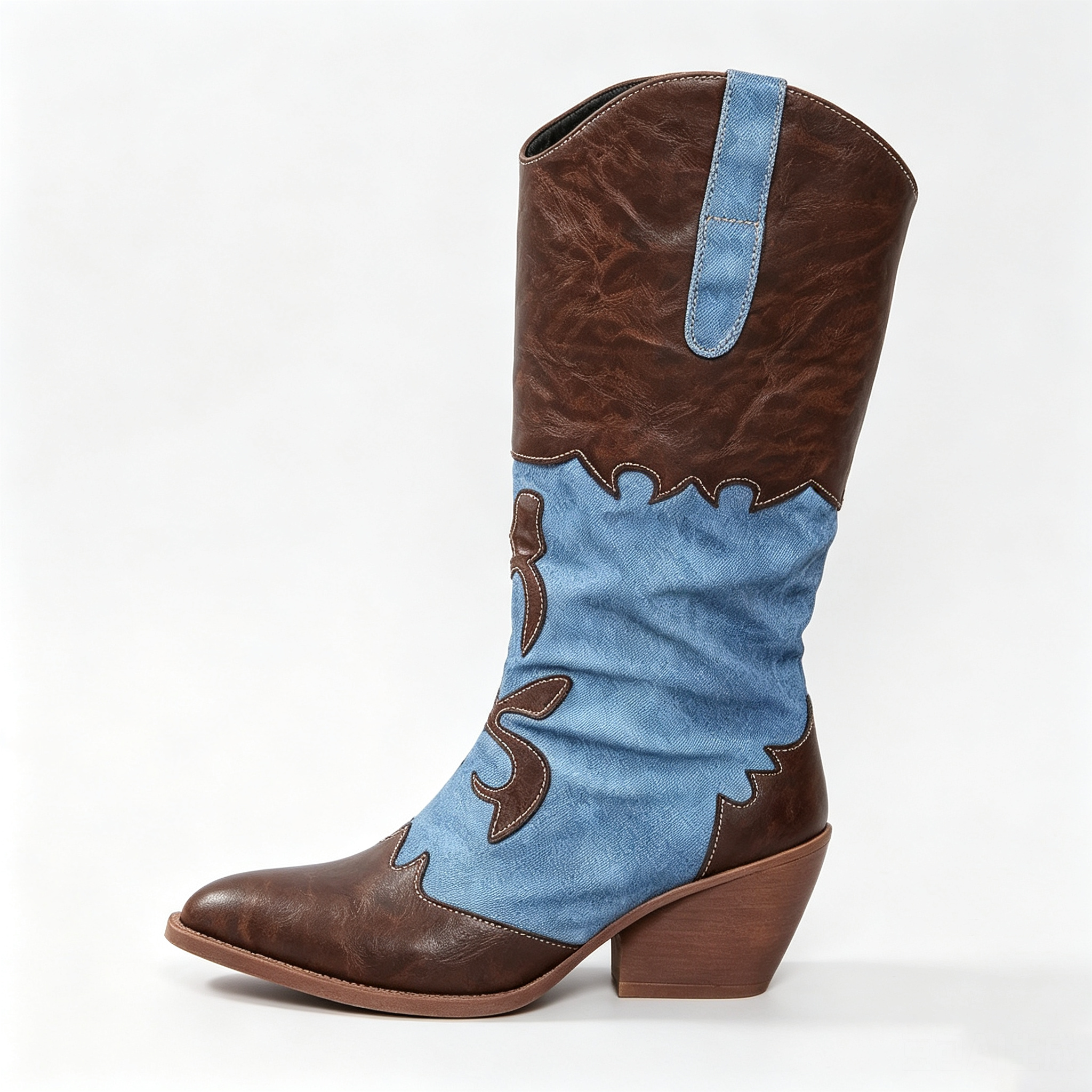 Sienna Denim Western Boots in Coffee Brown, side view
