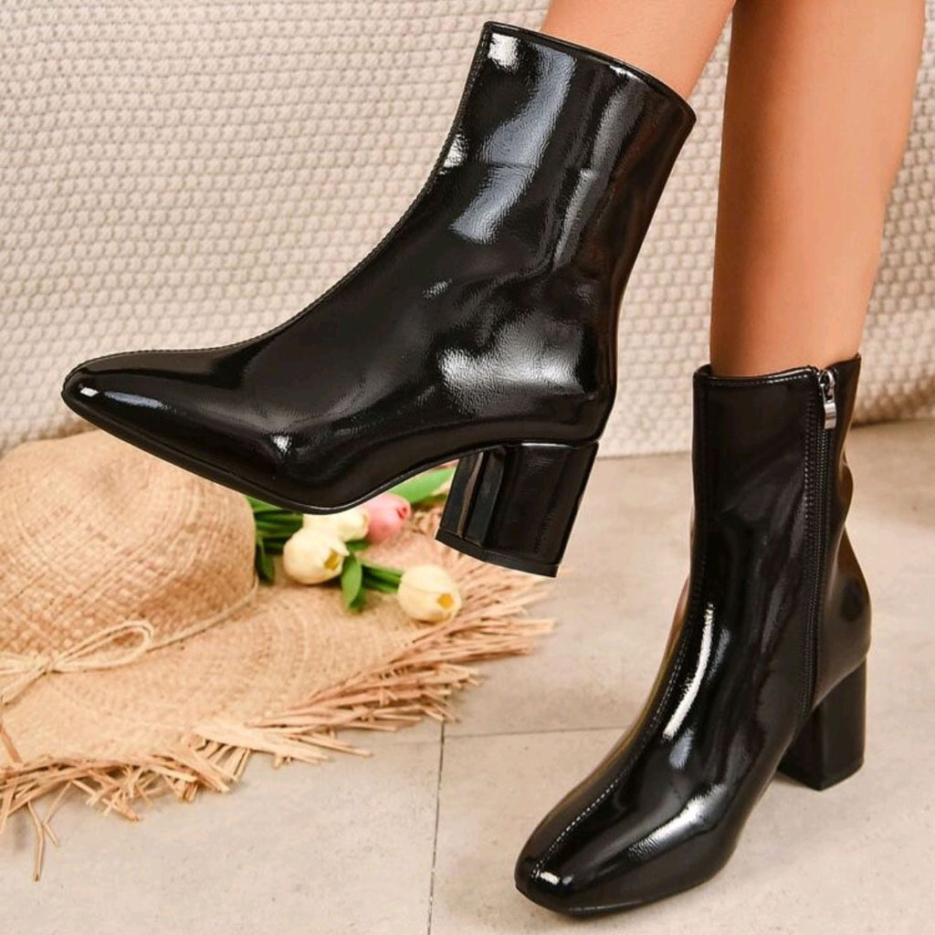 Sloane black patent ankle boots, front lifestyle view