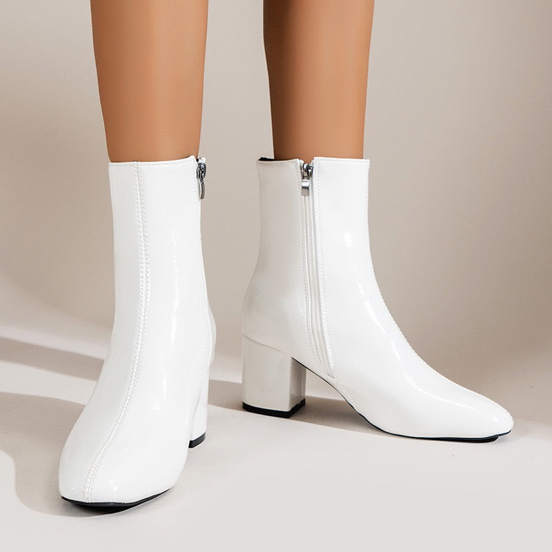 Sloane white ankle boots, front lifestyle view