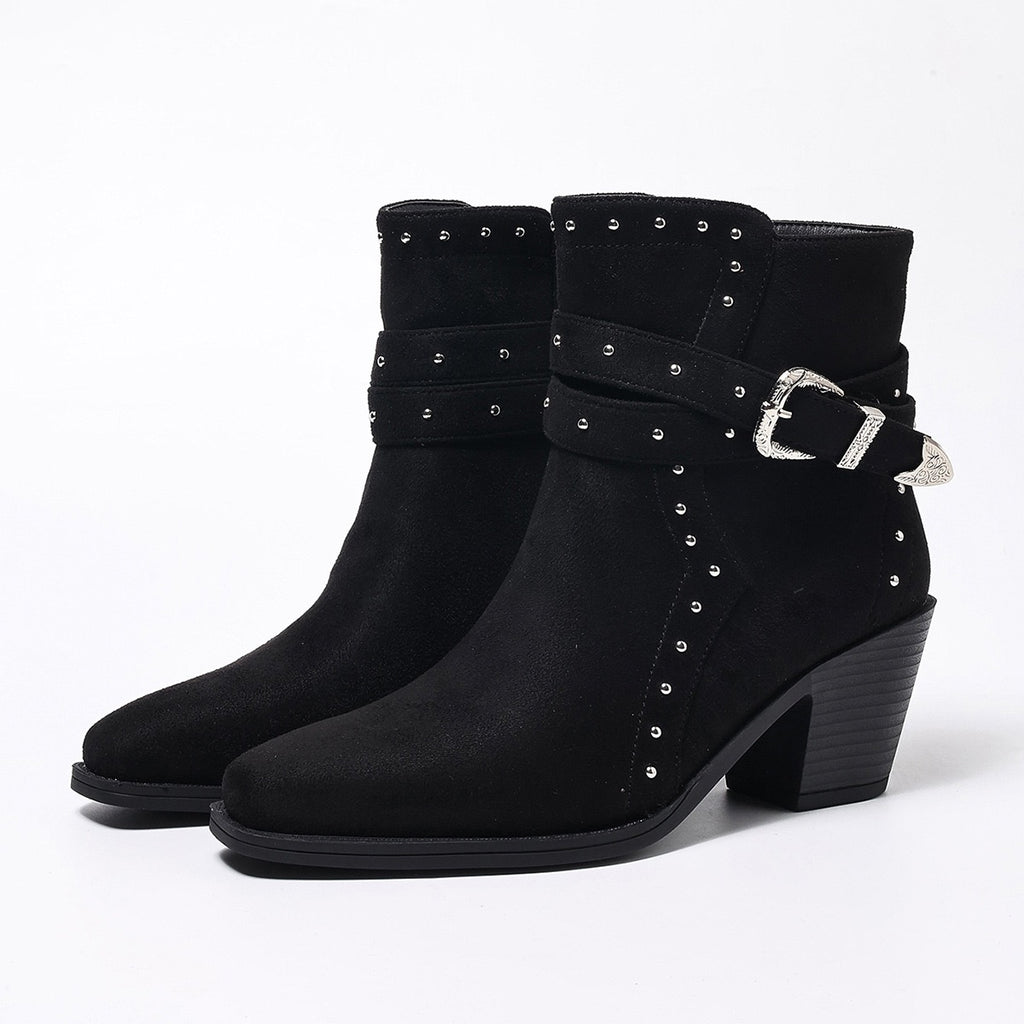 Talia studded buckle Western ankle boots in black, product view