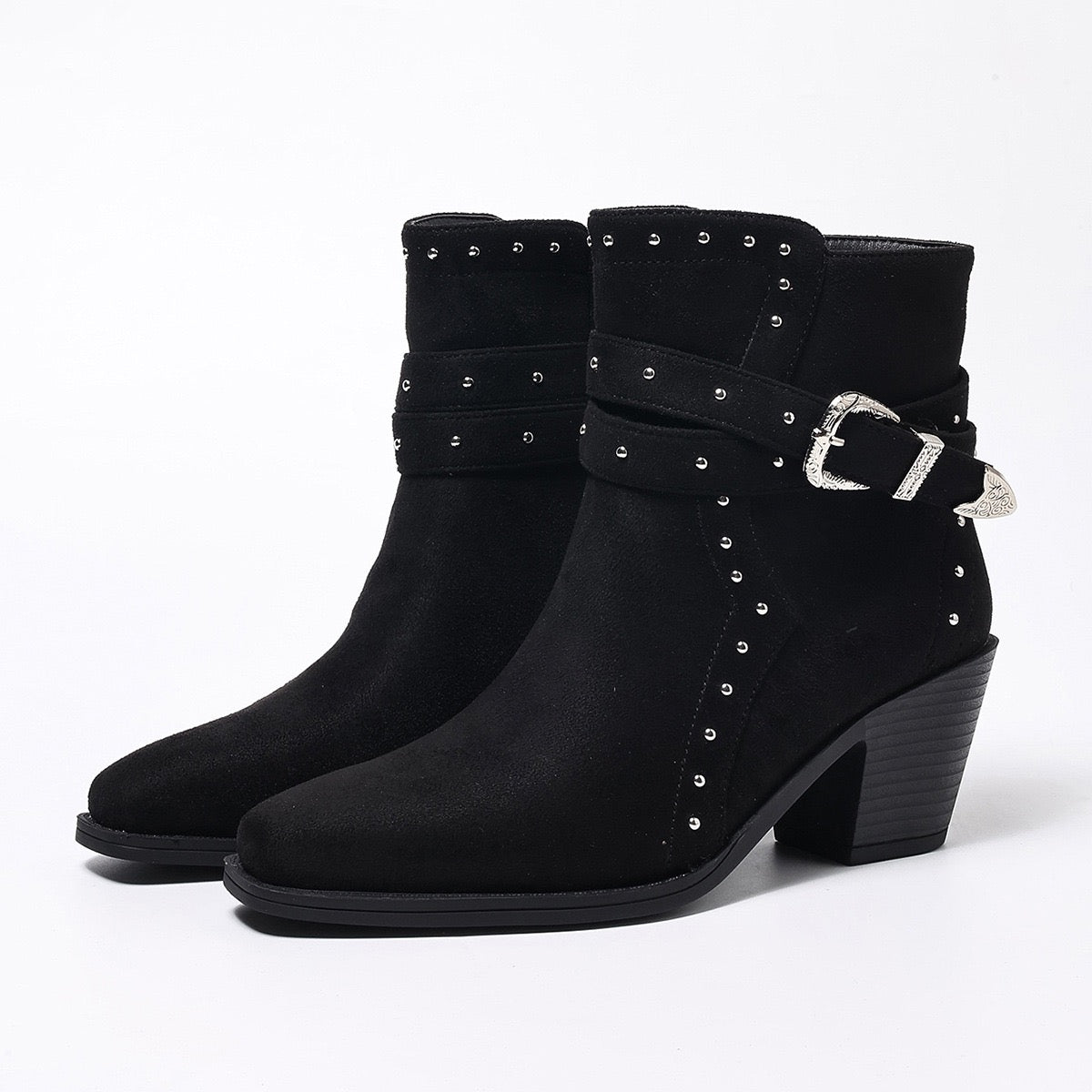 Talia studded buckle Western ankle boots in black, product view