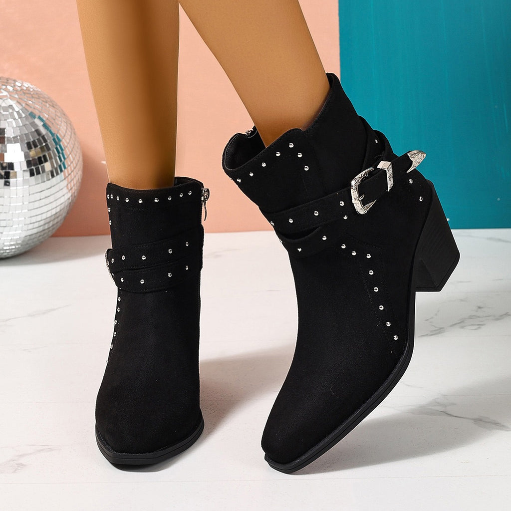 Talia black Western ankle boots, front lifestyle view