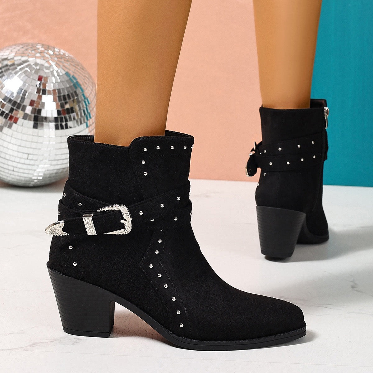 Talia black Western ankle boots, side and rear lifestyle view